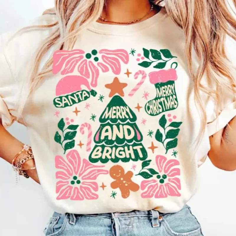 Christmas Tree Hand Drawn Merry & Bright Graphic Tee in Cream