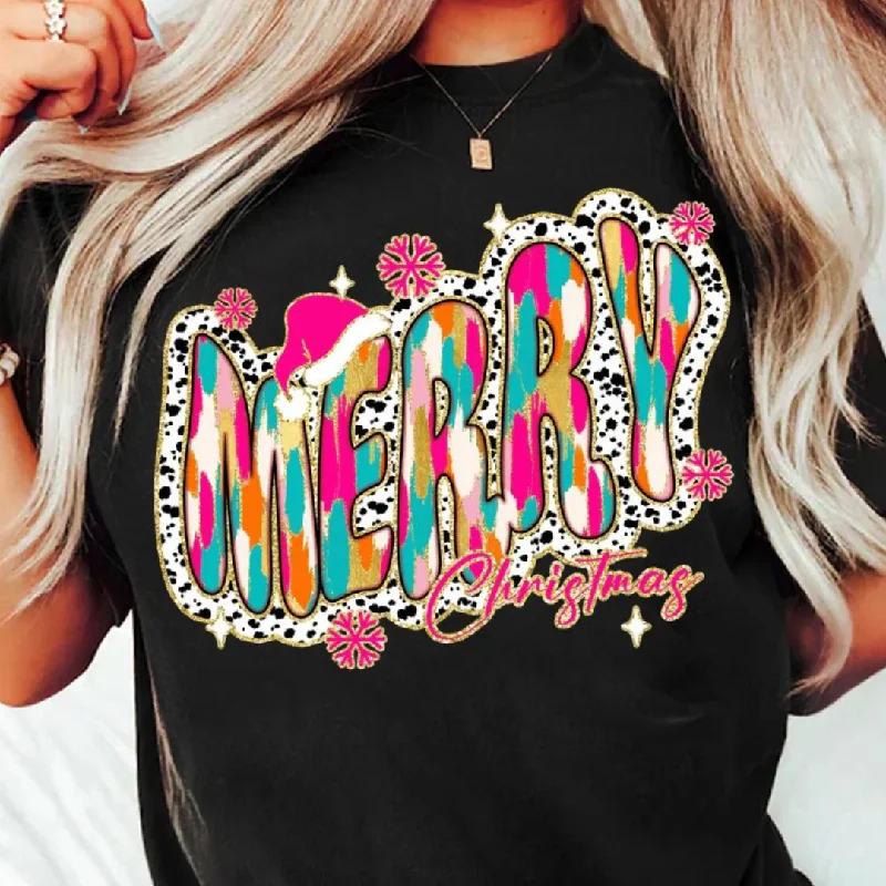 Merry Christmas Gold Glitter and Snowflake Graphic Tee in Black