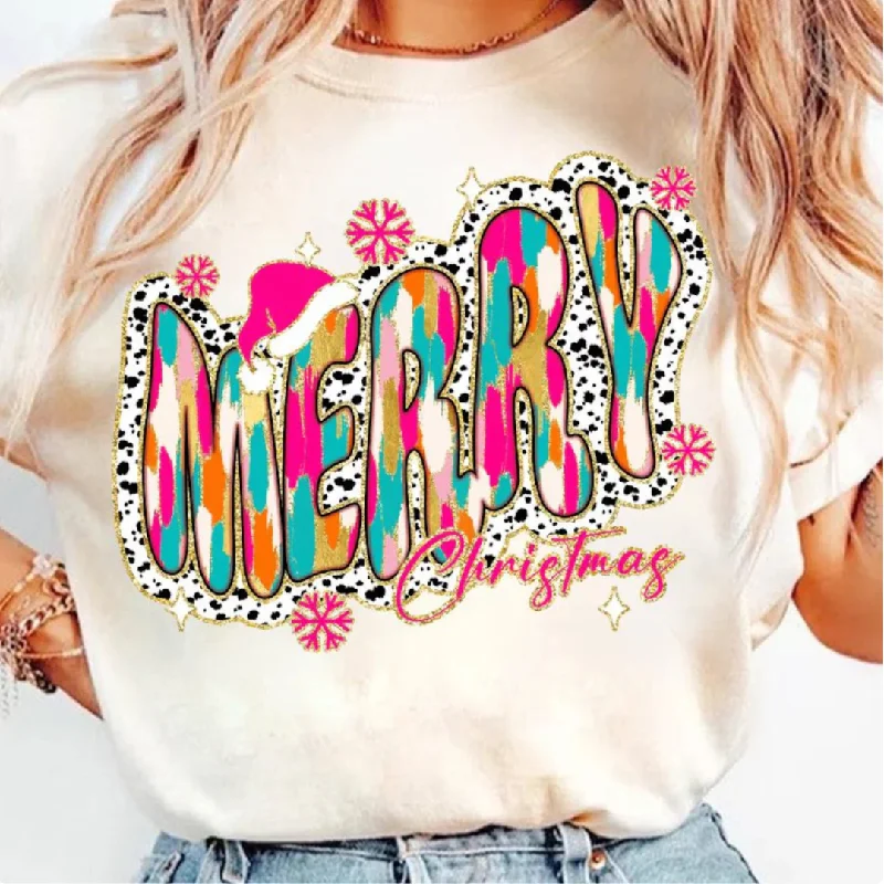 Merry Christmas Gold Glitter and Snowflake Graphic Tee in Cream