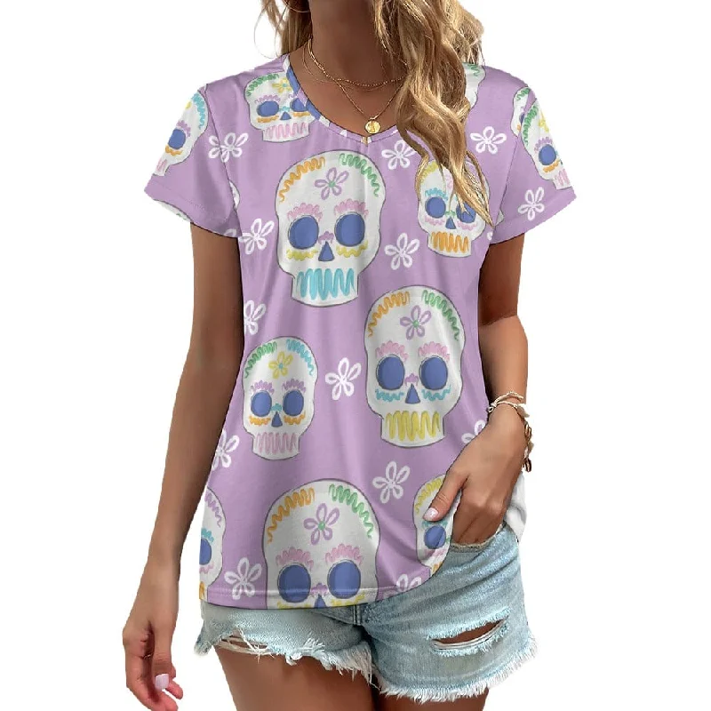 Purple Skull Flower V-neck Short Sleeve T-shirt