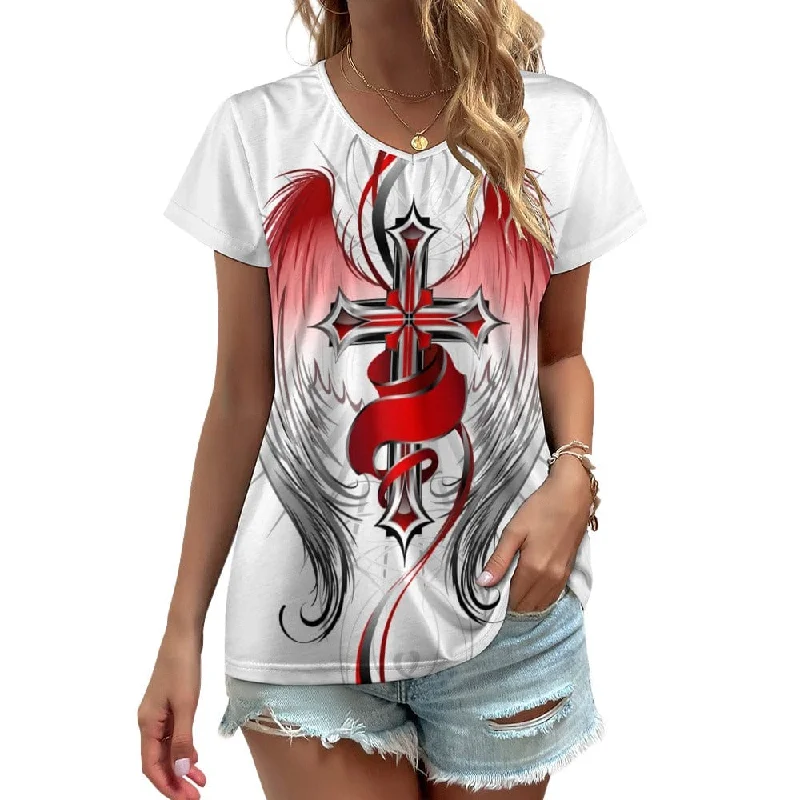 Red Cross Wings V-neck Short Sleeve T-shirt