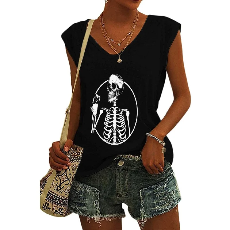 Women's Skull Having Coffee Short Sleeve V-Neck T-Shirt