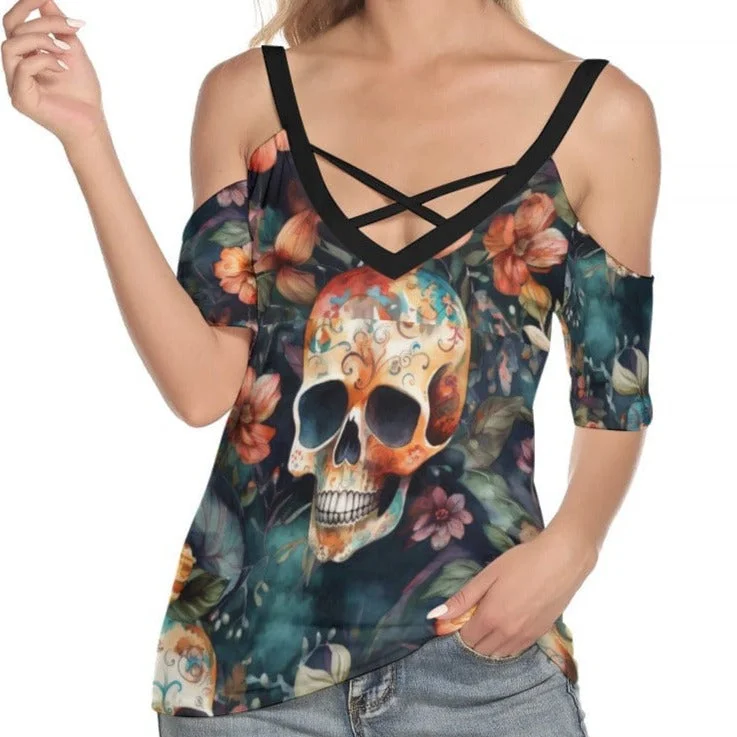 Women's Skulls Brown Floral Cold Shoulder T-shirt With Criss Cross Strips