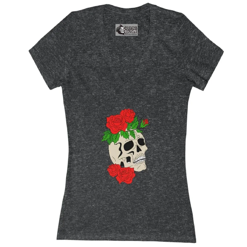 Women's Slull Roses Jersey Short Sleeve Deep V-Neck Tee