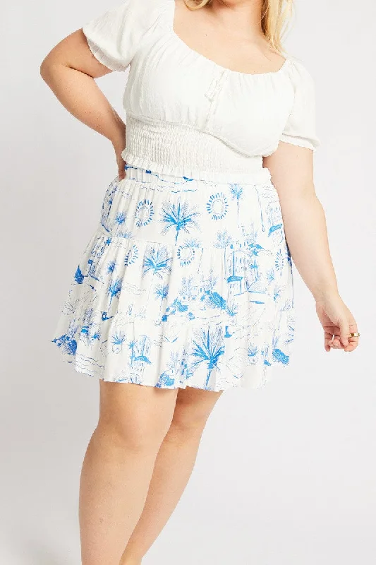 Blue Abstract Tiered Mini Skirt