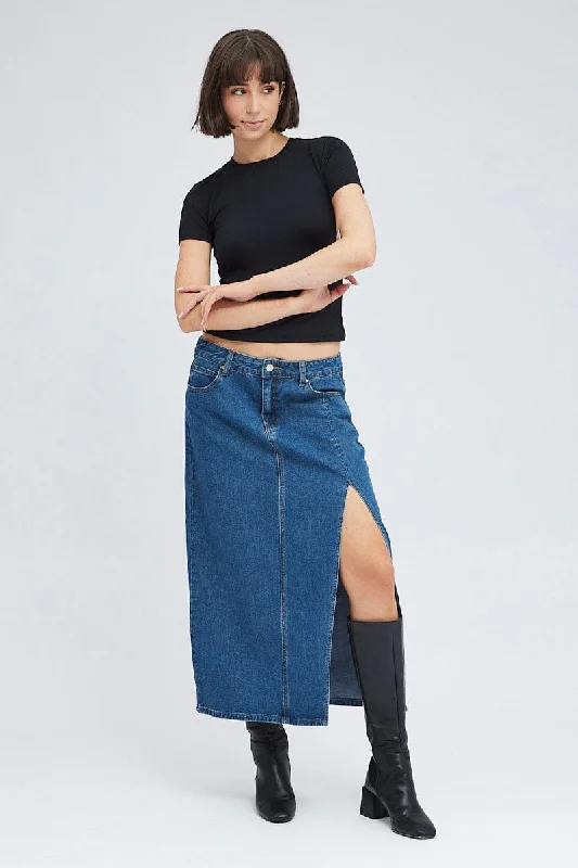 Denim Maxi Skirt Mid Rise Denim Pencil Slit