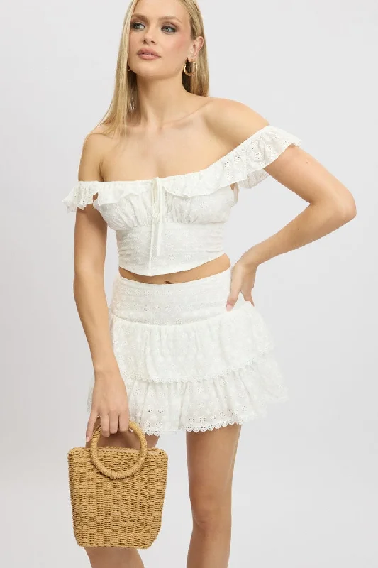 White Mini Skirt High Rise Shirred Waist Broidery Eyelet