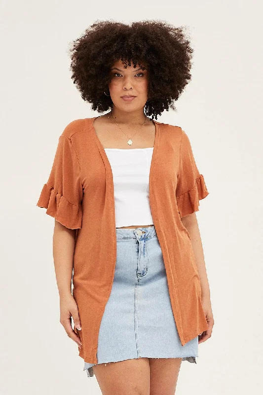 Beige Ruffle Sleeve Longline Cardigan