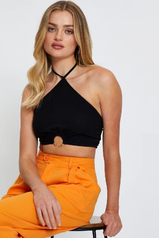 Black Crop Top Sleeveless Halter