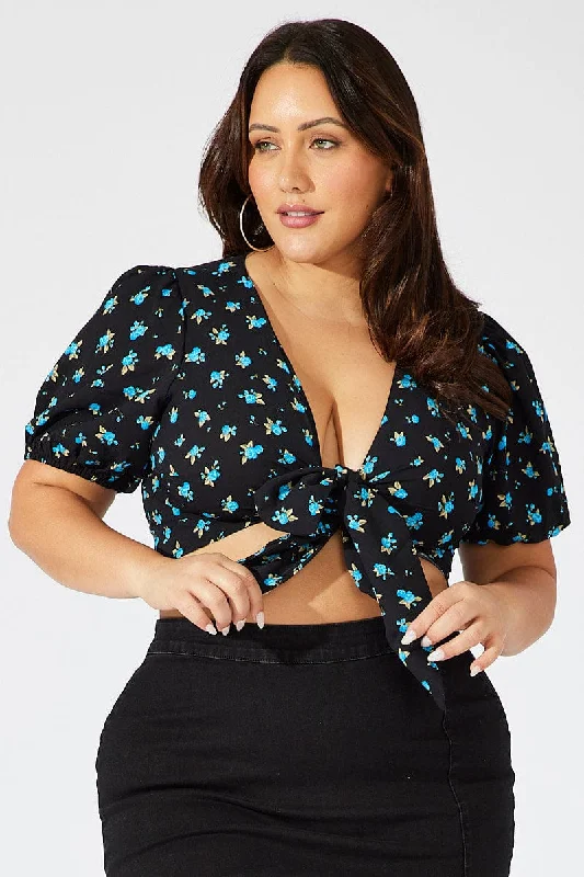 Black Ditsy Crop Top Short Sleeve Tie Front