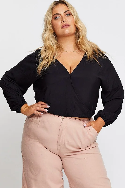 Black Long Sleeve Mock Wrap Top