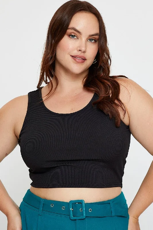 Black Tank Top Round Neck Sleeveless Rib Crop