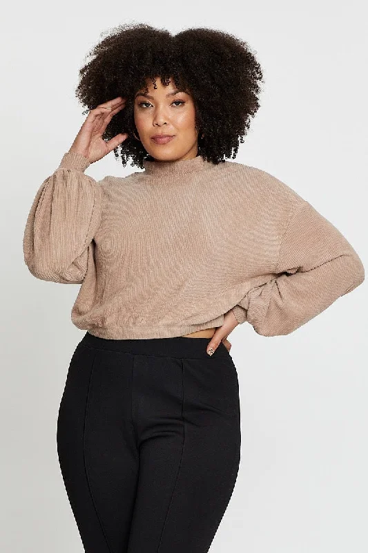 Brown Long Sleeve Fluffy Rib Balloon Sleeve Top