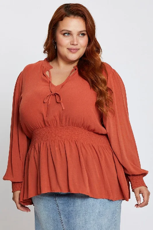 Brown Paprika Long Sleeve Viscose Crepe Shirred Top