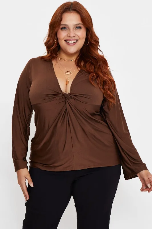 Brown Sleeve Top Twist Front V-neck Long