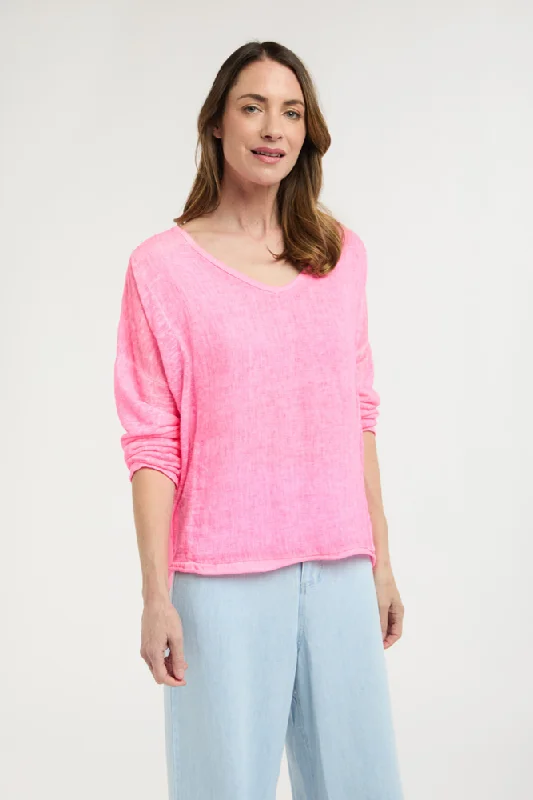 Calypso V-Neck Long Sleeve Fluro Pink Linen Top by Love From Italy