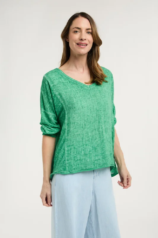 Calypso V-Neck Long Sleeve Green Linen Top by Love From Italy