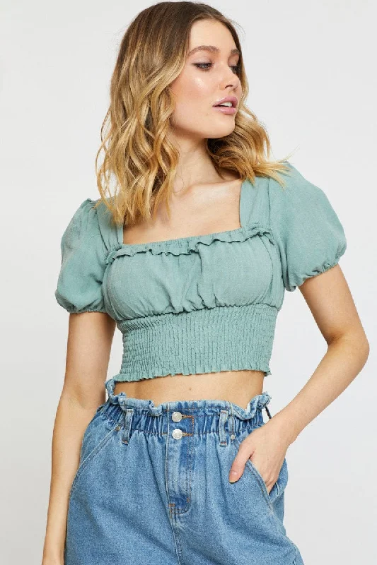 Green Crop Blouse Short Sleeve