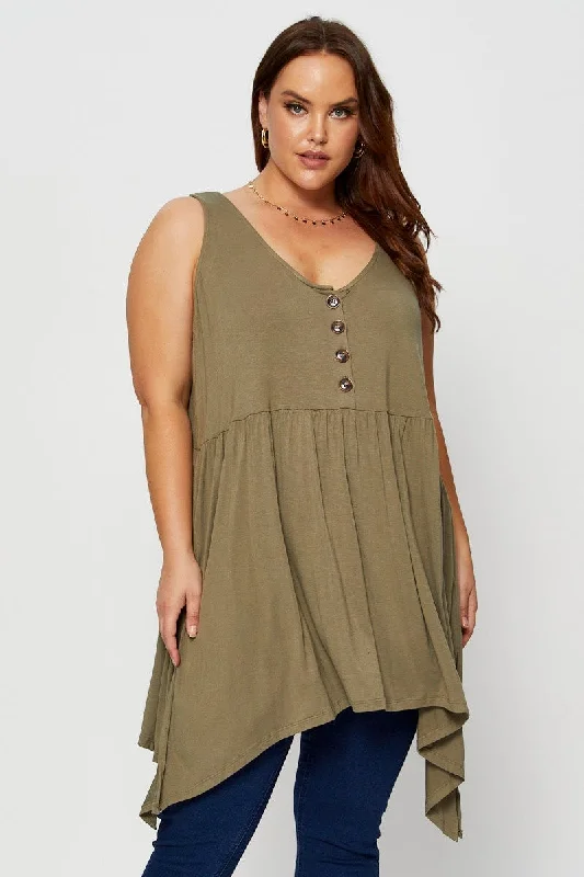 Green Plus Floral Print Button Front Split Hem Tank