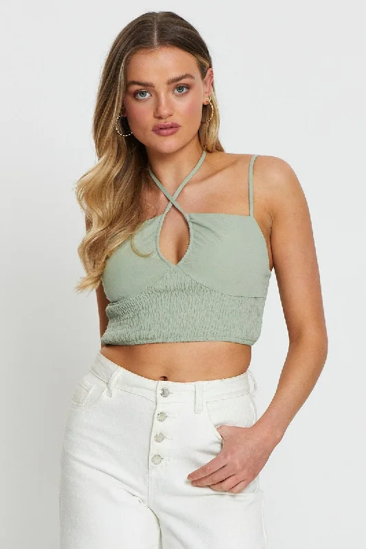 Green Singlet Top Sleeveless Crop