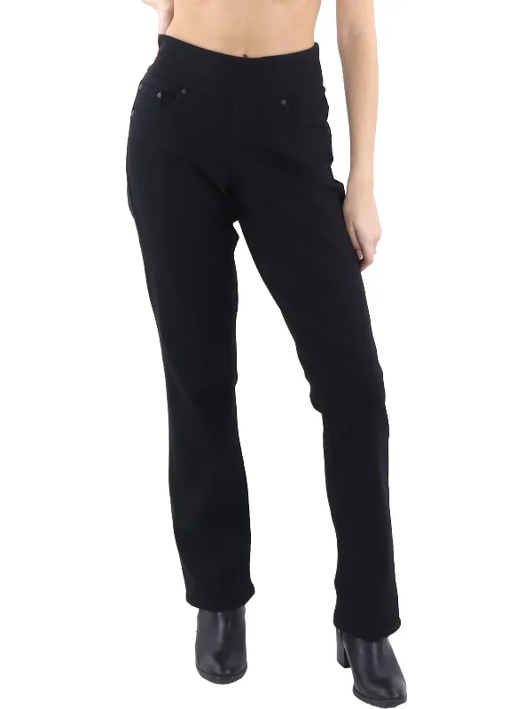 Petites Womens Mid-Rise Stretch Straight Leg Jeans