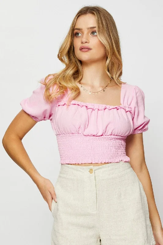 Pink Crop Blouse Short Sleeve