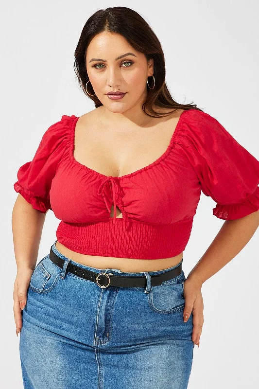 Red Crop Top Short Sleeve Cut Out Shirred