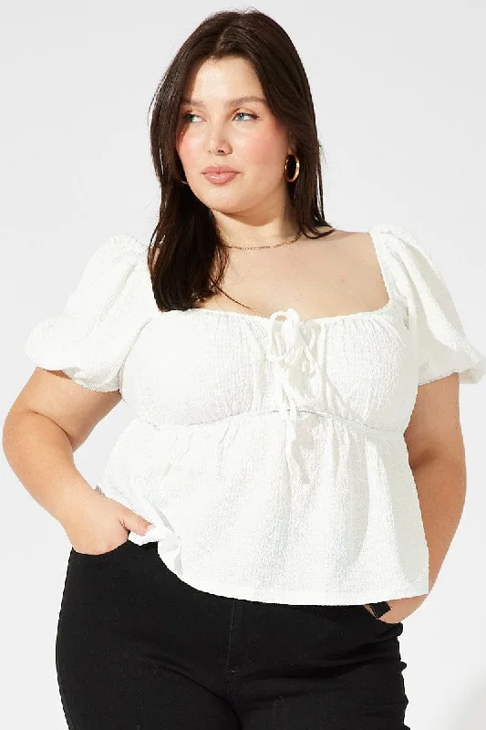 White Top Short Sleeve Sweetheart Neckline Textured