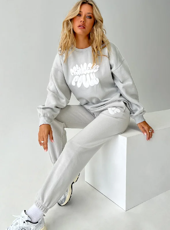 Princess Polly Track Pants Bubble Text Grey / Cloud White