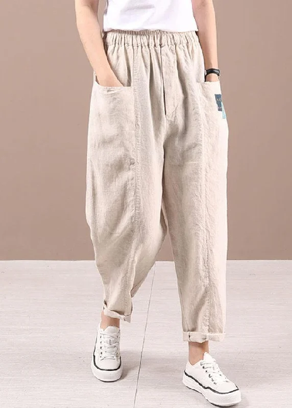 Unique Beige retro High Waist Summer Pants Cotton Linen