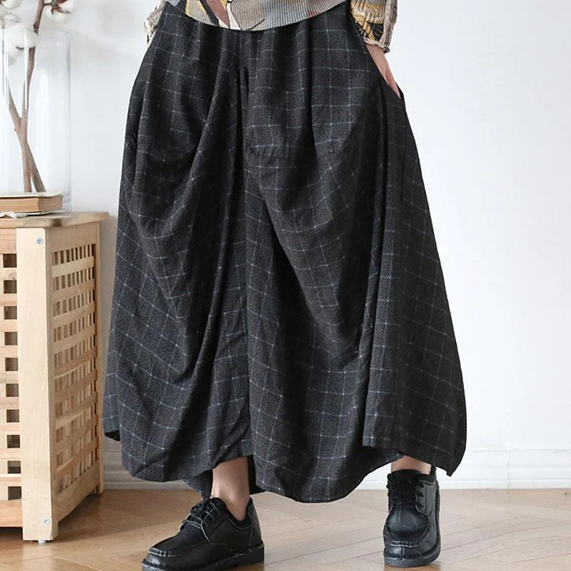 Unique Black Asymmetrical Design Pockets Summer Cotton Wide Leg Pants