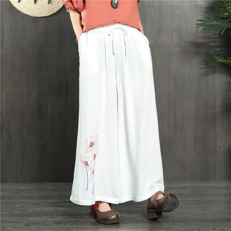 unique white embroidery women linen wide leg pants oversize casual pants