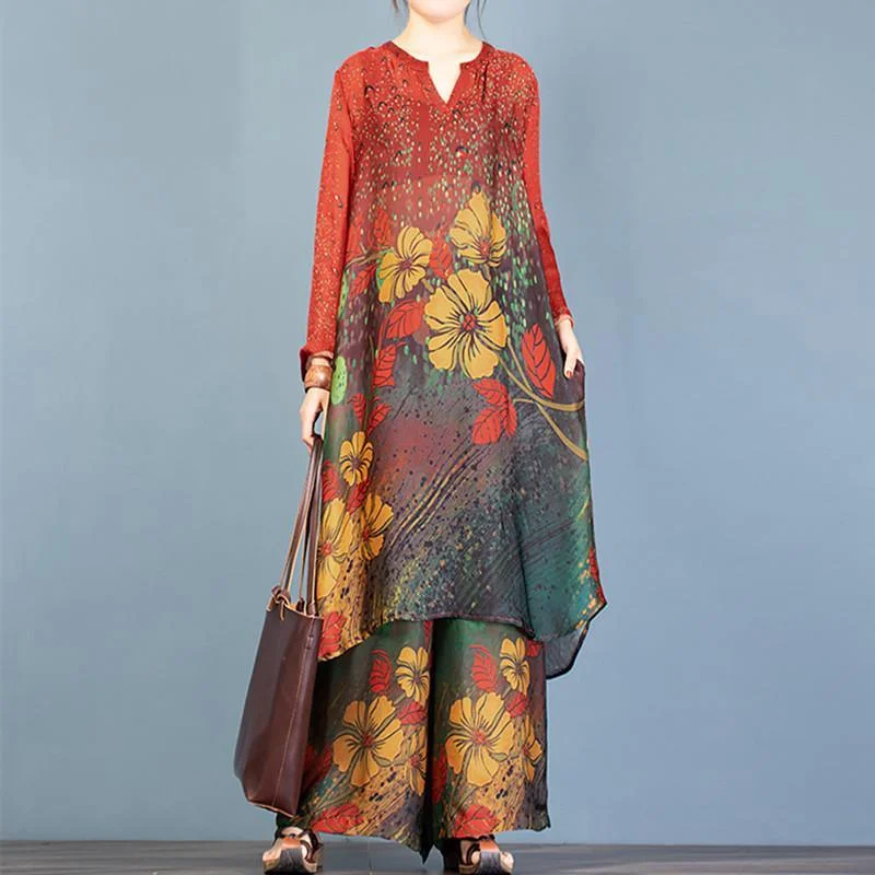 Vivid red print Tunics v neck +elastic waist wide leg pants