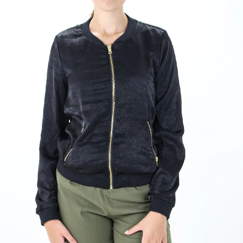 Women's Full Zipper Satin Jacket,Black