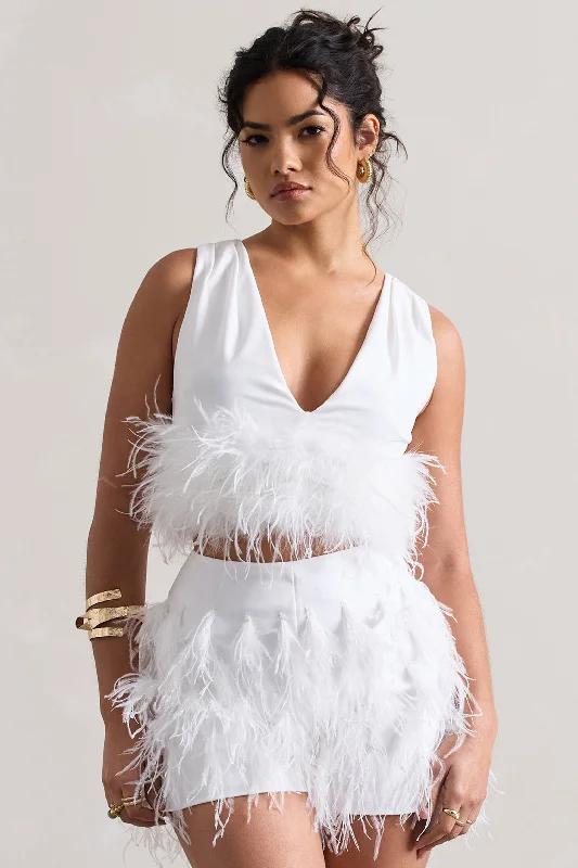 Main Stage | White Plunge-Neck Crop Top With Feather Trim