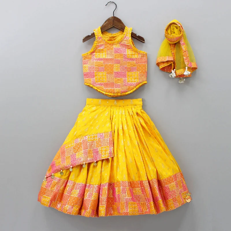 Yellow Multicolour Brocade Printed Top With Pleated Flap Lehenga And Net Dupatta