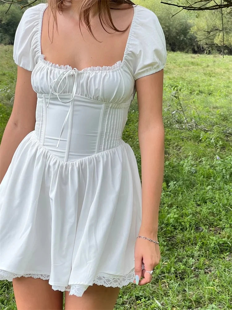 Corset Lace Front Tie-Up Short Sleeve Mini Dresses