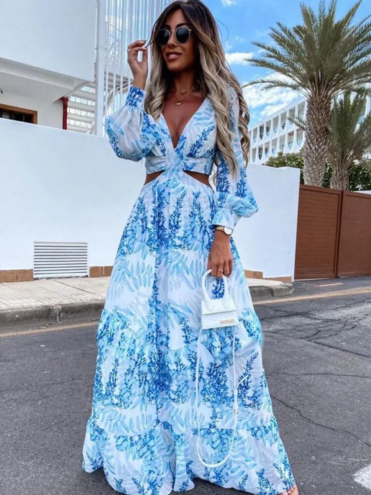 2024 Elegant V-Neck Print Long Sleeve Maxi Dress