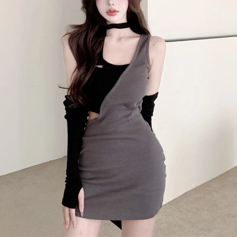 Sexy Halterneck Off-shoulder Long-sleeved Mini Dress