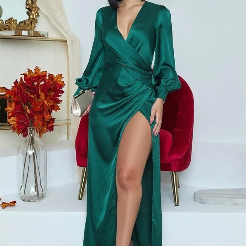 Elegant Long Sleeve V Neck Sexy Maxi Dress