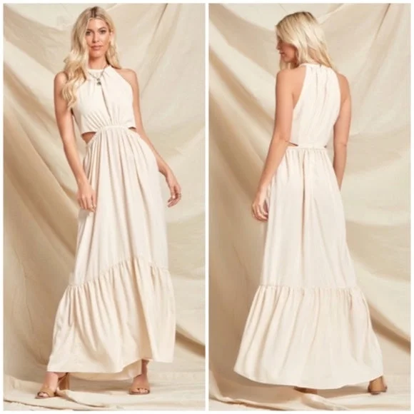 Bohemian Cream Solid Cut Out Waist Full Long Length Maxi Dress Women's