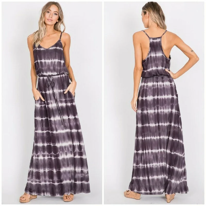 Charcoal Tie Dye Cami Casual Maxi Dress Full Length Long Womens