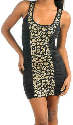 Dress Sequin Leopard Mini Gold Matte Animal Ruched Tank Sexy Club