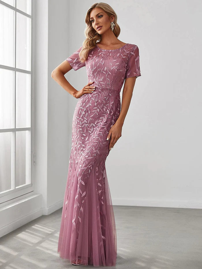 Floral Sequin Print Maxi Long Fishtail Formal Dresses With Half Sleeve