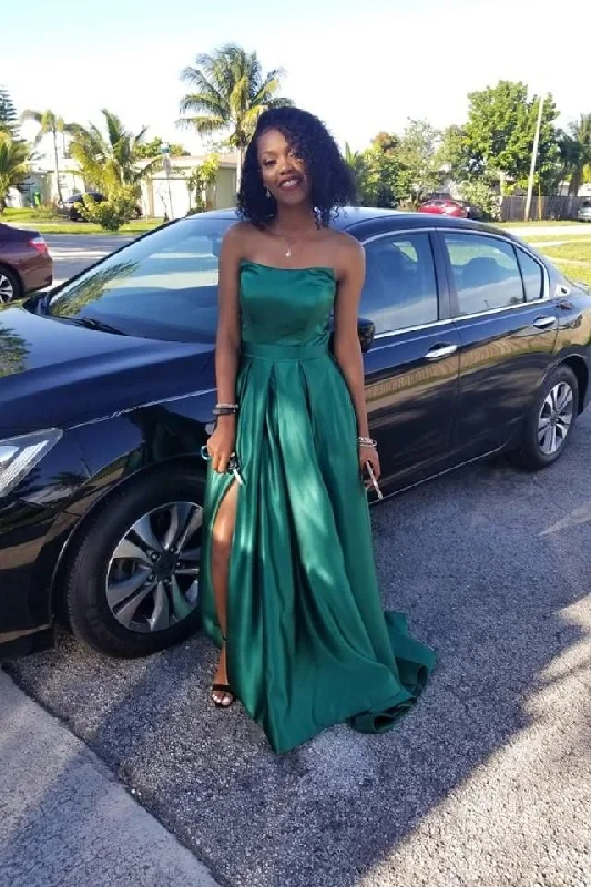 Hunter Green Satin Prom Dresses,Strapless Maxi Long Dress with Side Slit         S3748