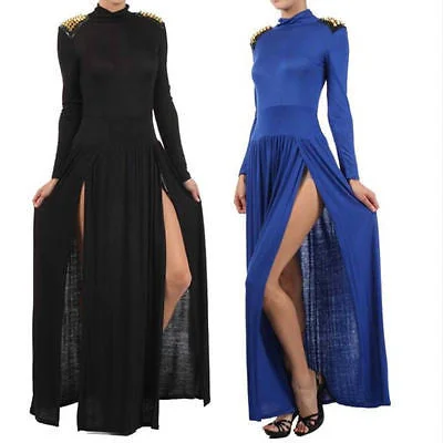 Maxi Dress Spike Studded Shoulder Turtleneck Slit Thigh Split Long Sleeve