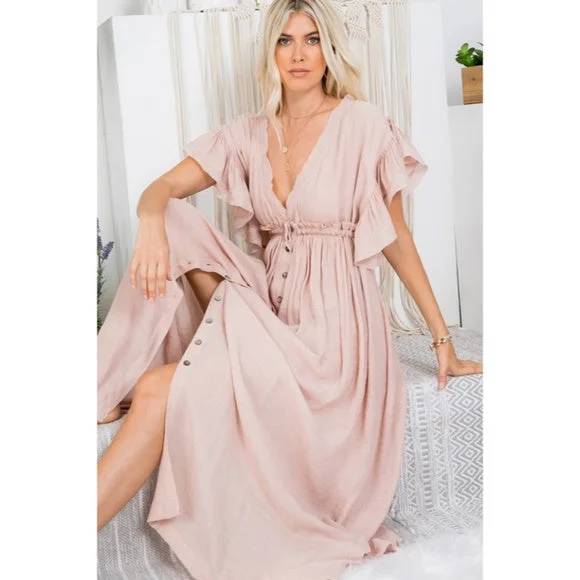 Nude Blush Gauze Boho Button Short Slv Deep V Woven Gathered Maxi Coverup Dress