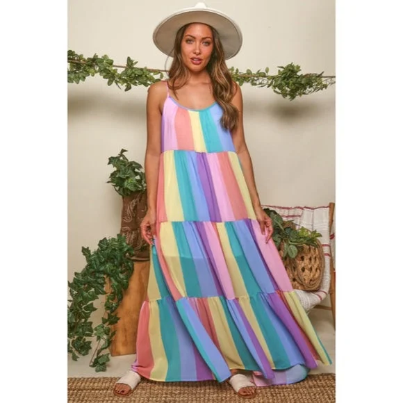 Rainbow Colorful Multi Color Bright Striped Tiered Tie Shoulder Maxi Dress