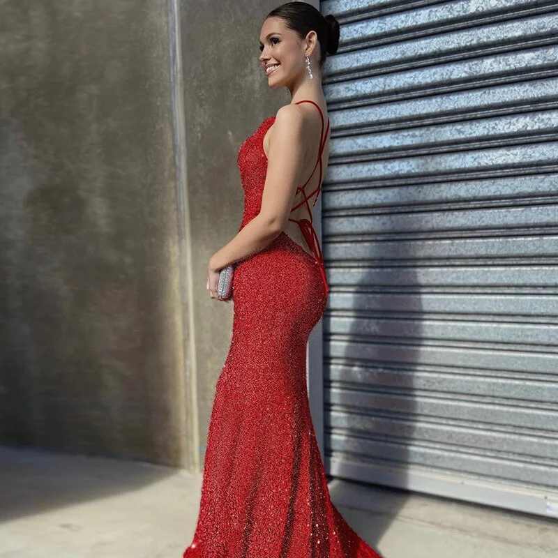 Spaghetti Strap Mermaid Shiny Maxi Evening Prom Dress