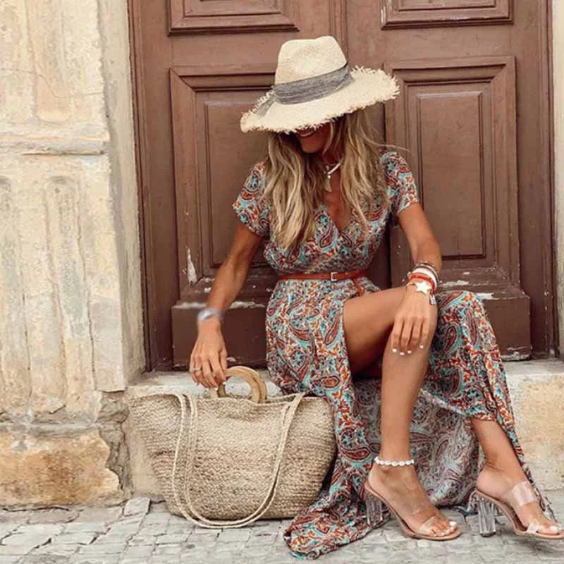 Summer Boho Long Dress Casual Paisley Print Belt Maxi Dress